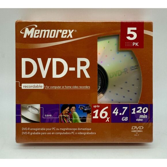 Memorex DVD-R 5 Pack Recordable 16X 4.7GB 120 Min New Factory Sealed - Picture 1 of 2
